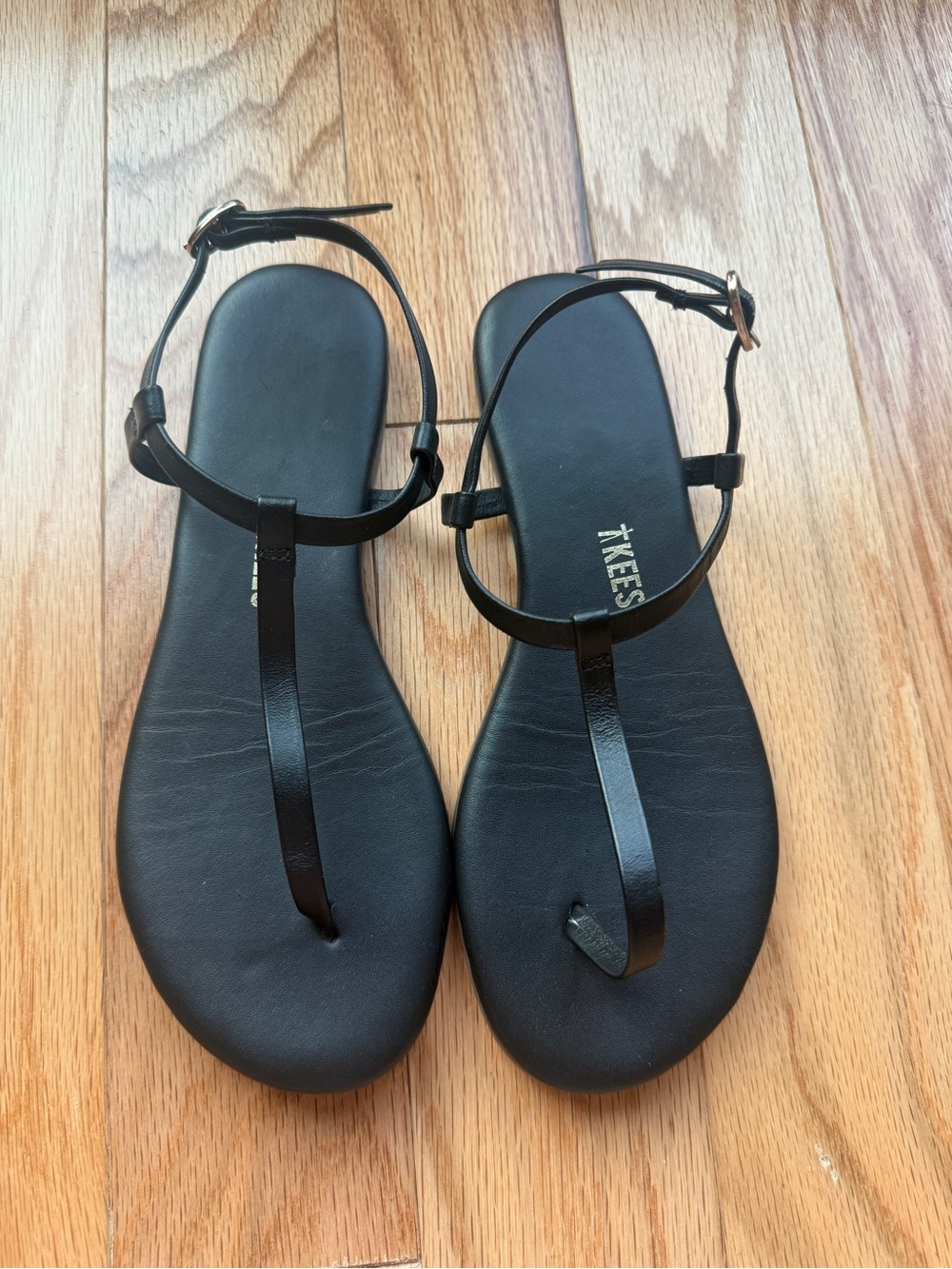 TKEES Black Leather Minimalist T-Strap Sandals